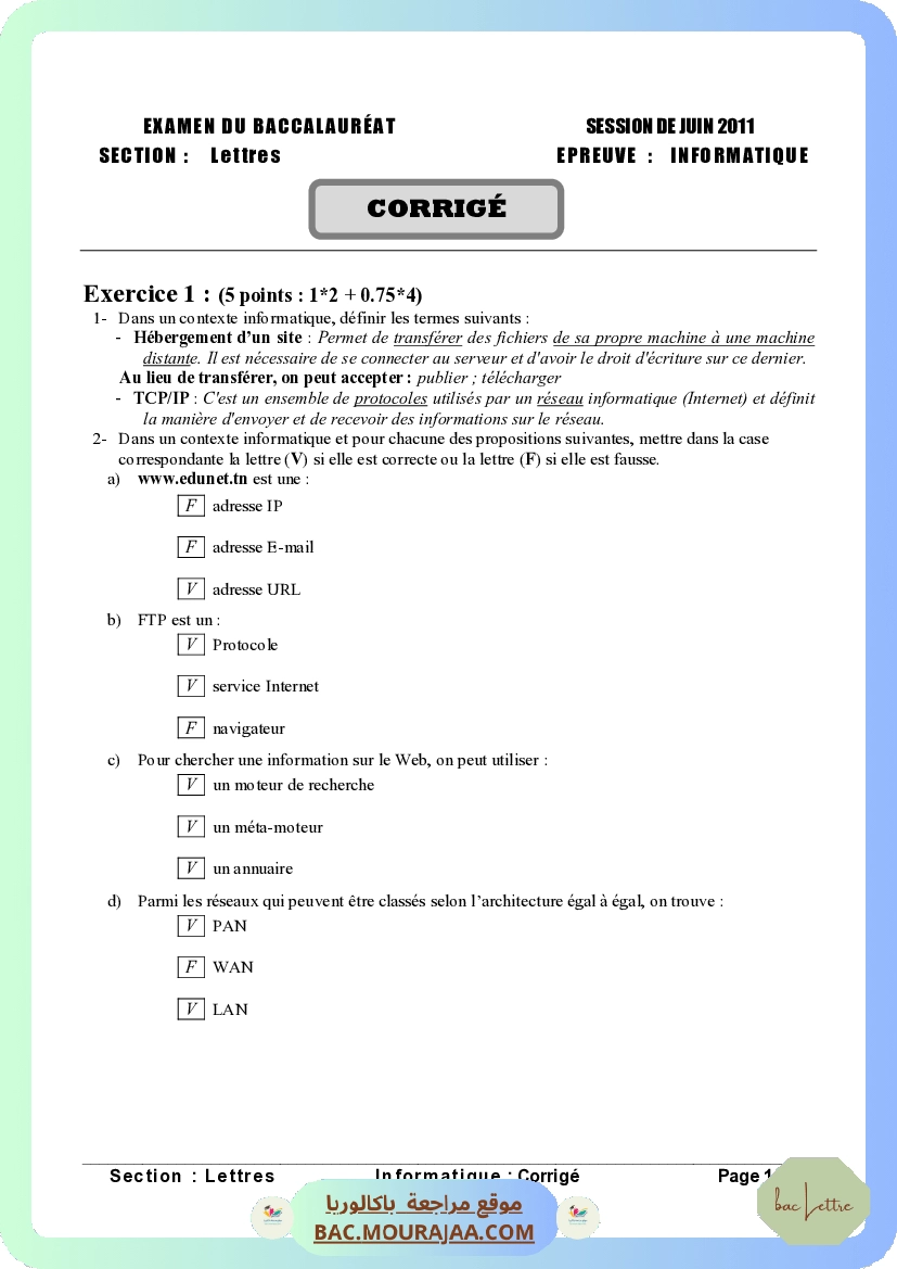 Corrigé principale info Bac 2011 – Section lettre